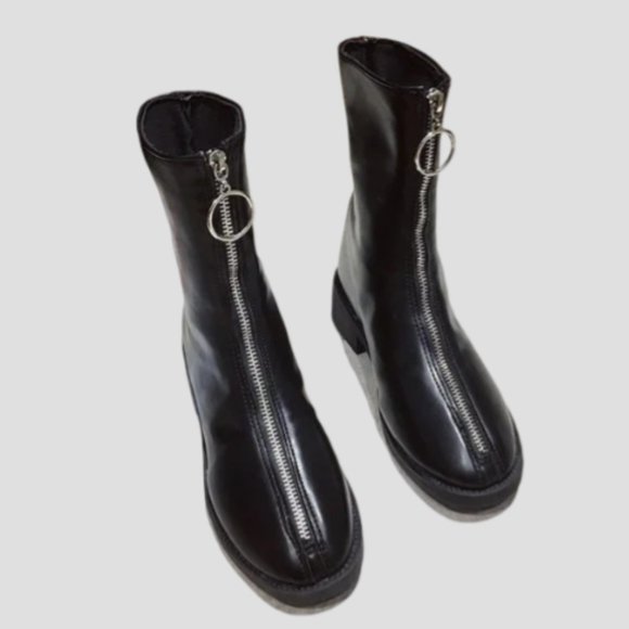 New Front Zipper Round Toe Chunky Heel All-match Mid-Cut Martin Boots - Picture 3 of 3